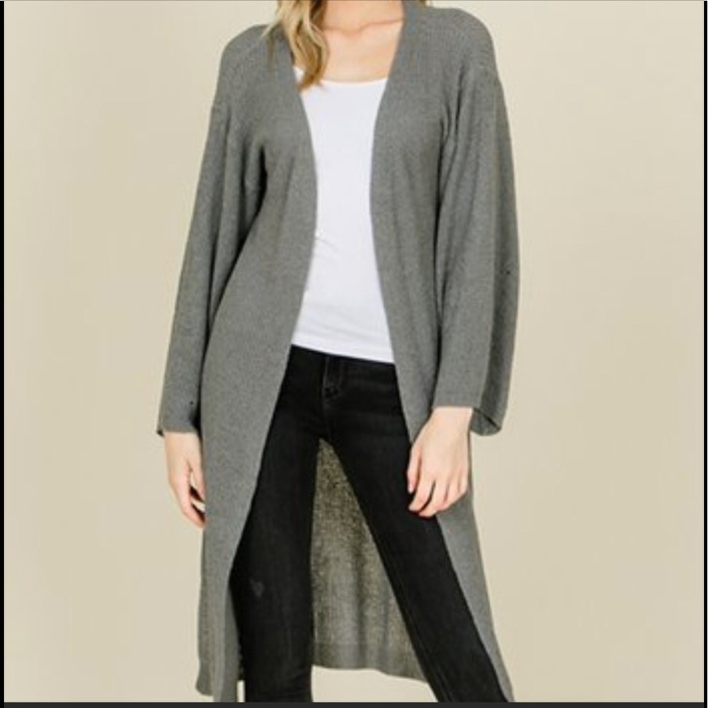 Gray Cardigan Knee Length Open Front Soft Knit Sm/Med